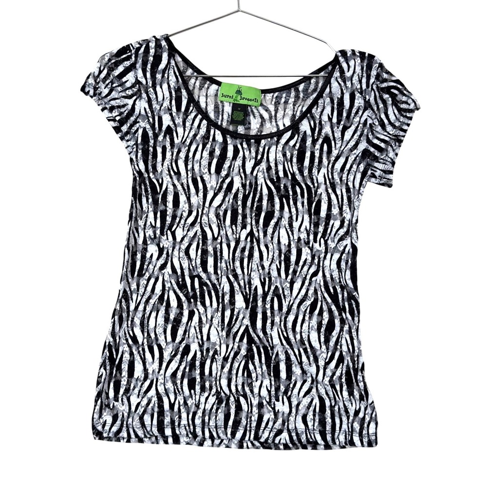 Y2K burnt broccoli Zebra Mesh Top Emo Scene Grunge Coquette Sheer Stretch Goth M